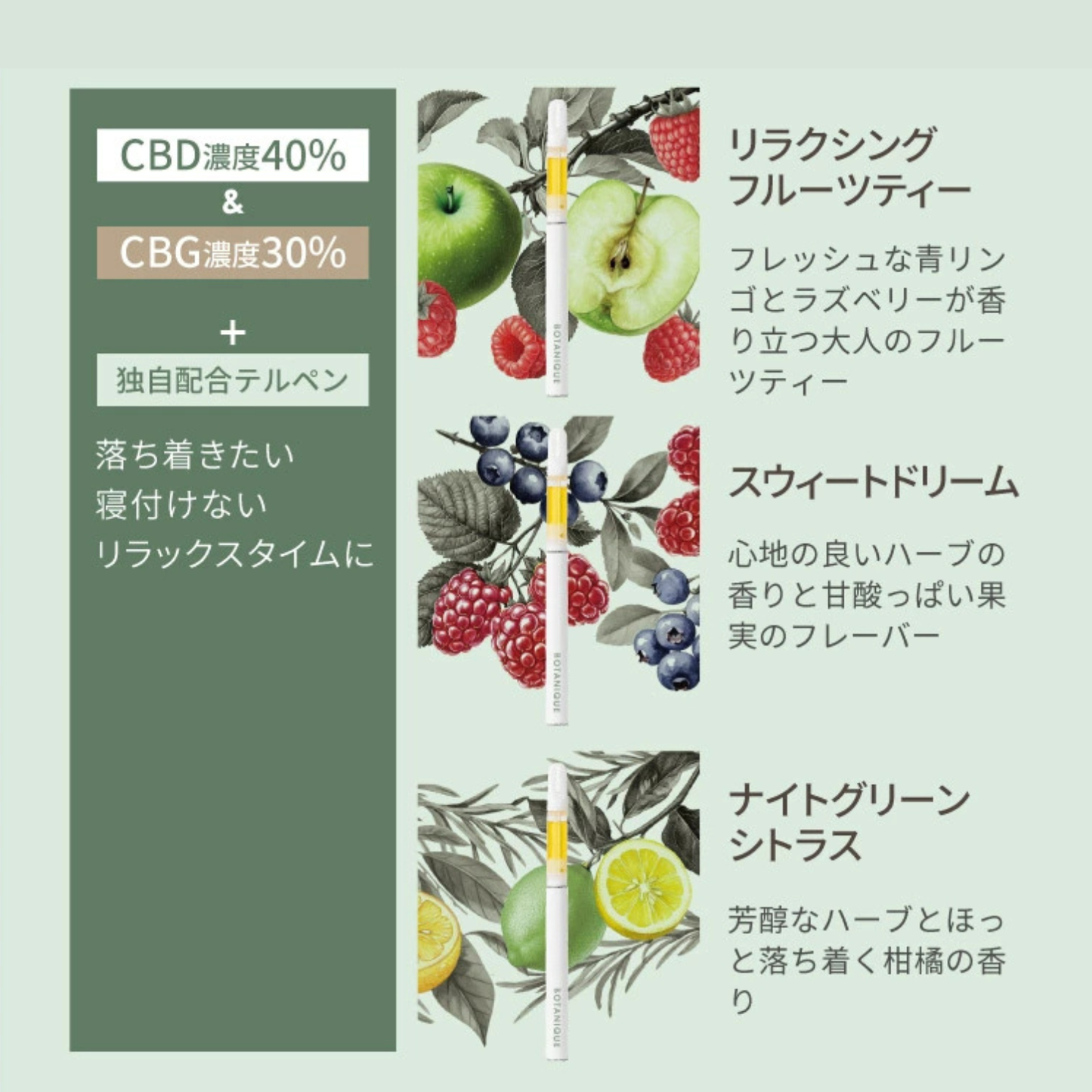 【BOTANIQUE】CBDべイプ70%　リラクシングフルーツティー（バッテリー別売）